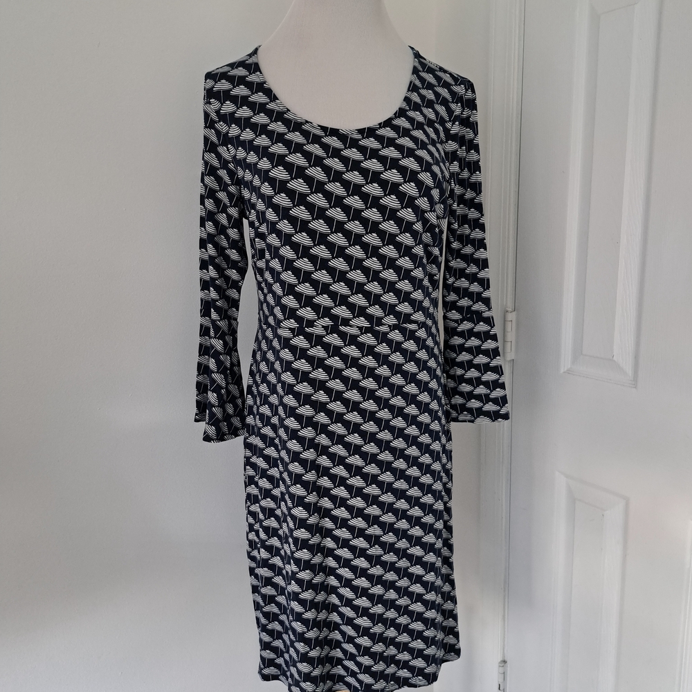 Navy White Beach Umbrella Print Bell‎ Sleeve Sheath Dress Scoop Neck Jersey L